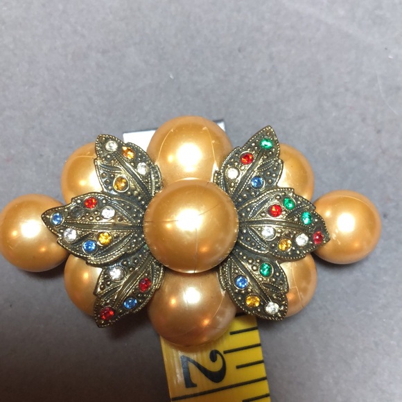 Large Faux Gold Pearls & Colored Rhinestones Brooch - Picture 8 of 8